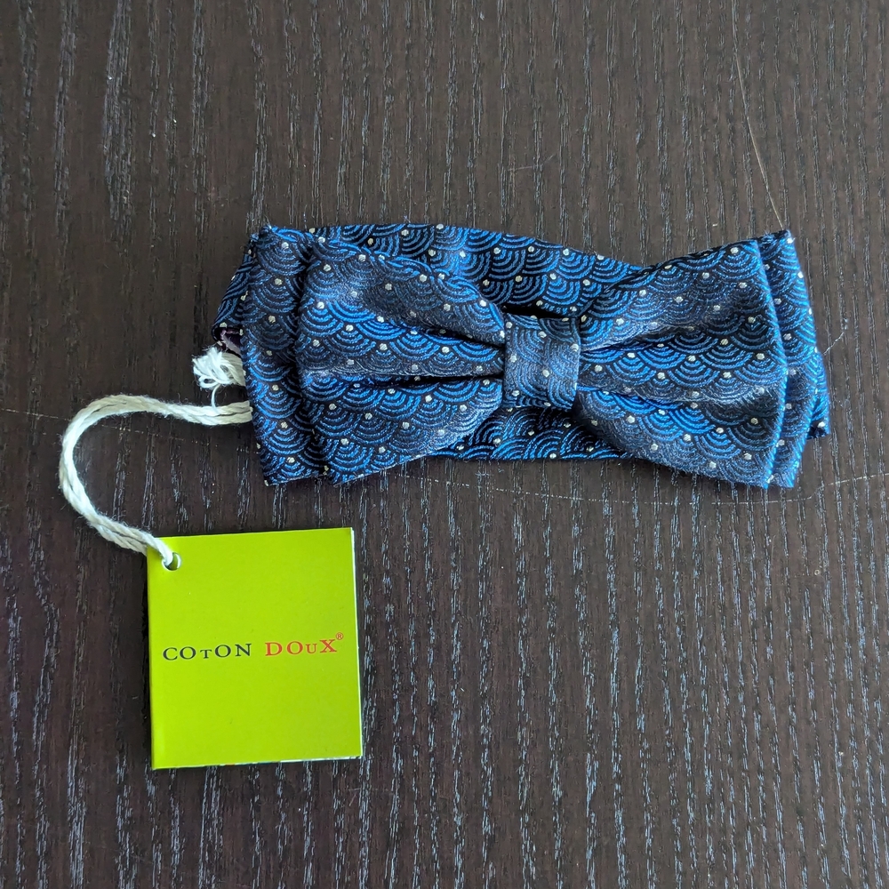 100% Silk Coton Doux Blue Patterned Bow Tie From Paris, France